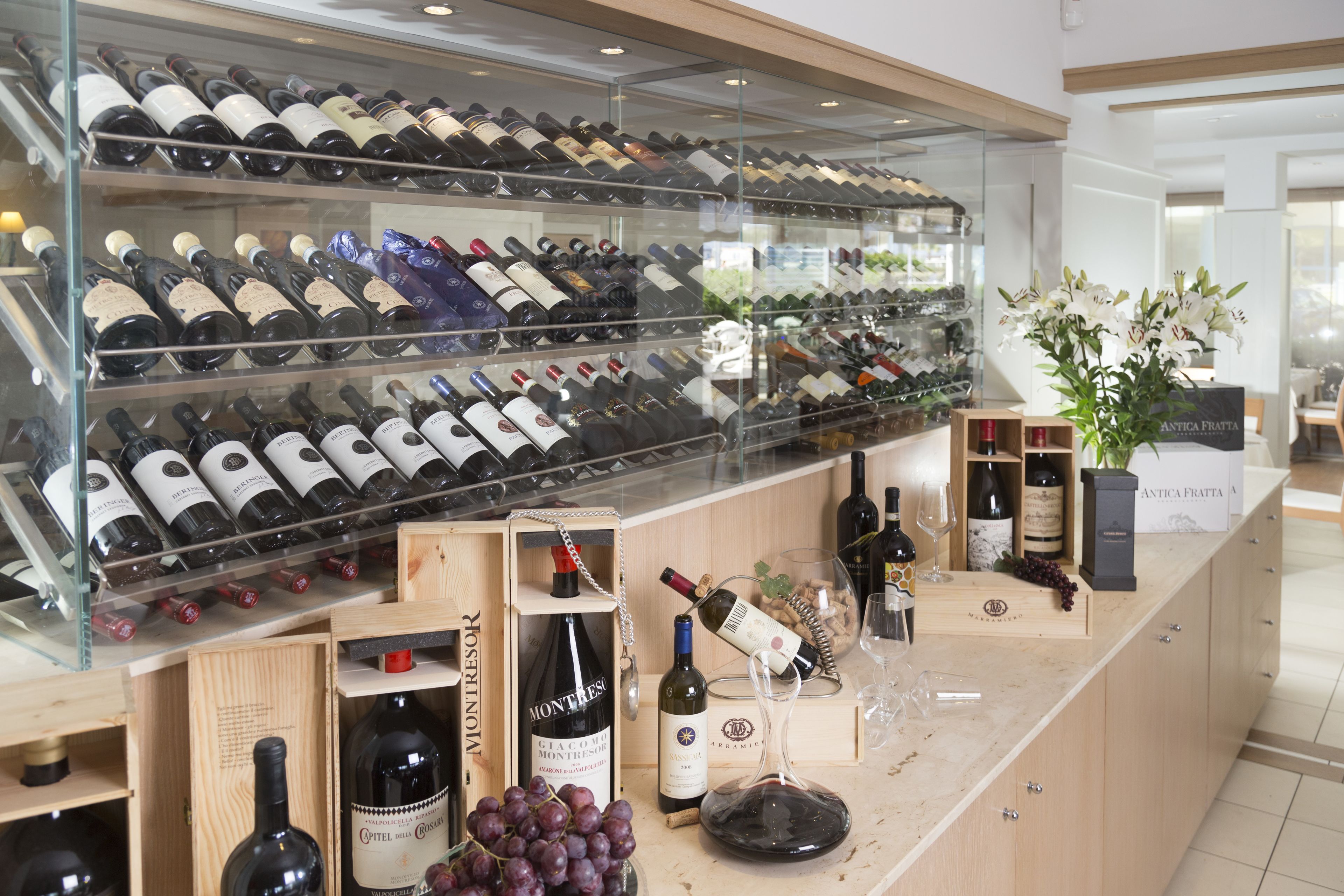 Exhibición de vinos con varias botellas y una barra de madera.