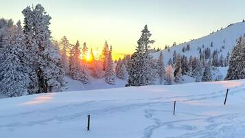 Et sneklædt landskab med klar himmel og solnedgang.