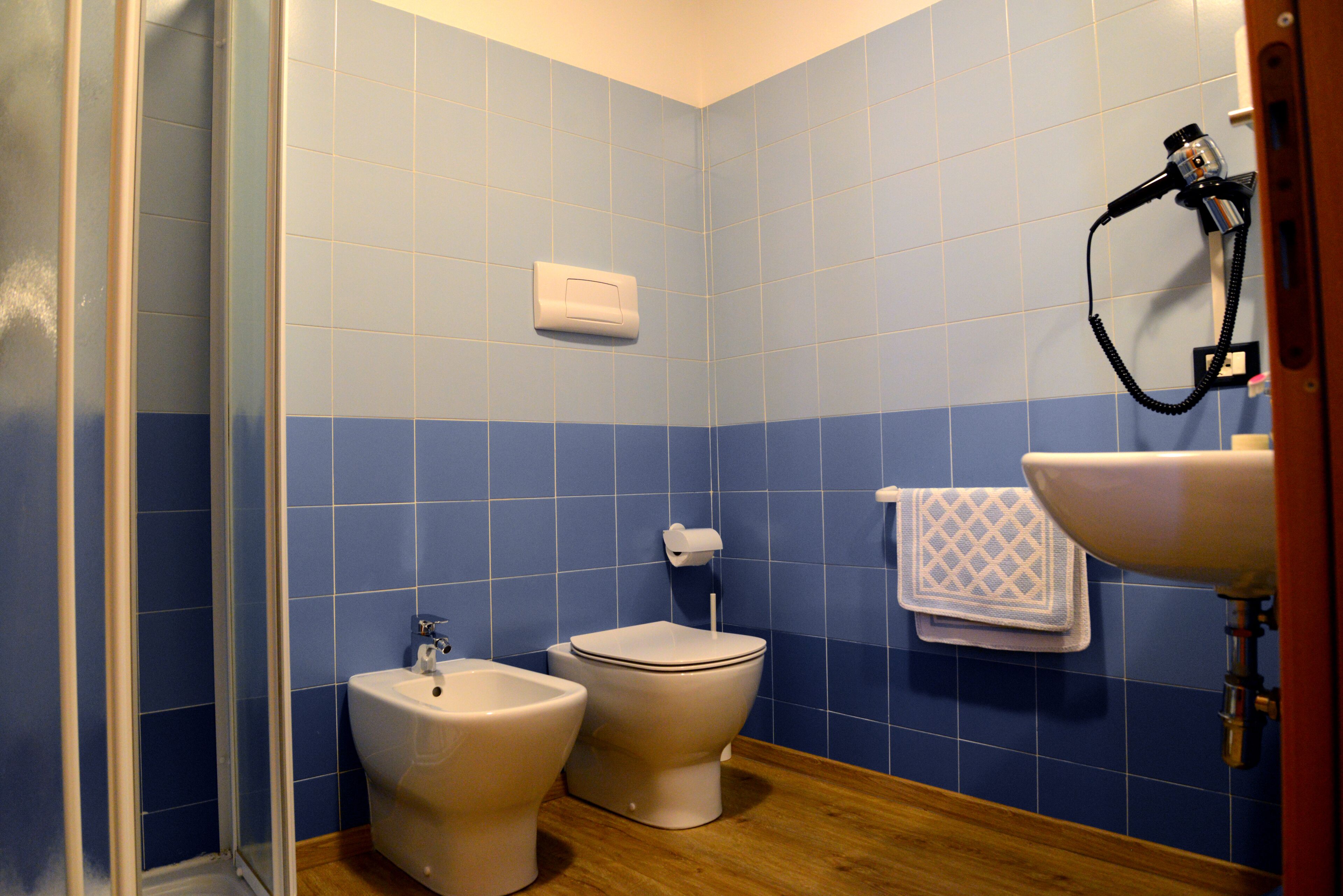 Een badkamer met blauwe tegels, een bidet, toilet, wastafel en een handdoekhouder.