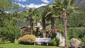 A bench in a garden with palm trees, flowers, and a mountain backdrop.