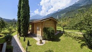 A log cabin with a stone pathway leading to the entrance, surrounded by greenery and mountains in the background.