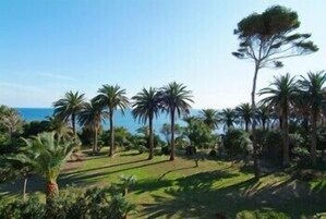 A tropical landscape with palm trees and a clear sky.