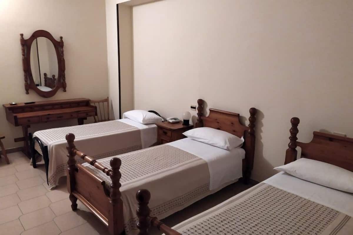 A bedroom with two wooden beds, a wooden desk, a mirror, and a nightstand with a lamp.