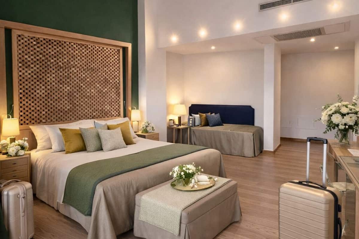 Ruime hotelkamer met een groot bed, twee nachtkastjes, een bureau en een koffer.