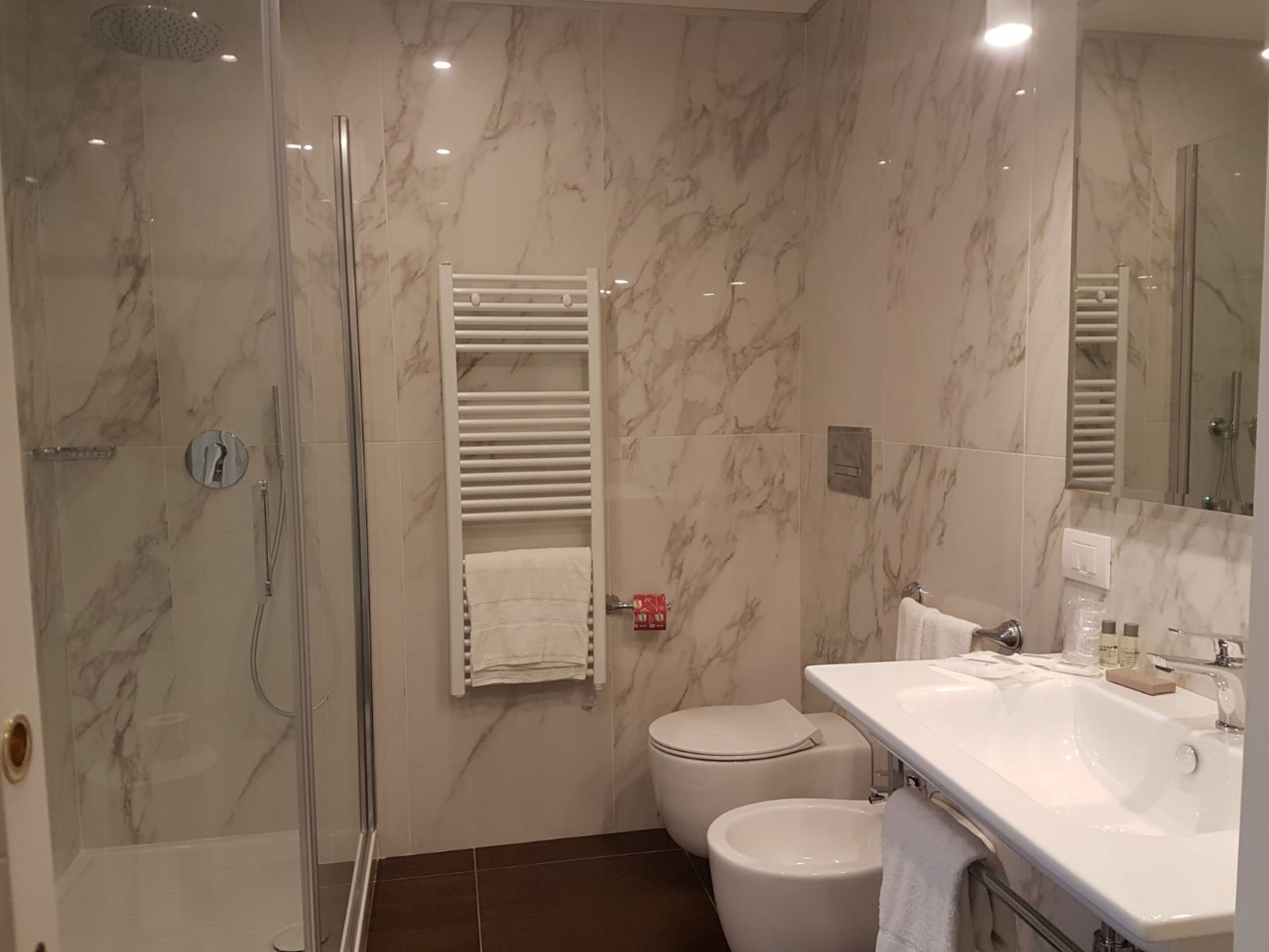 A modern bathroom with a glass shower enclosure, a toilet, and a sink with a mirror.