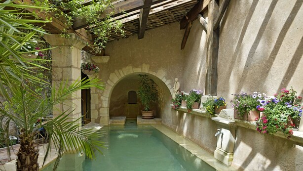 A serene indoor pool area with a stone archway, surrounded by potted plants and flowers. - Un Mas en Ville (Marseille)