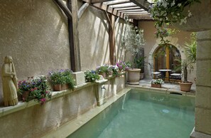 A serene indoor pool area with a stone wall, potted plants, and a statue.