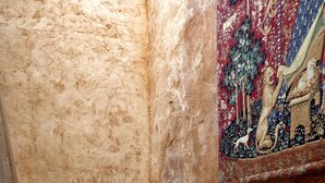 A stone wall with a water feature, a broom, and a tapestry. - Un Mas en Ville (Marseille)