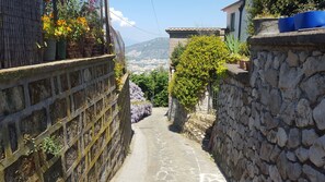 A narrow stone pathway flanked by a wooden fence and a stone wall, leading to a view of a town and mountains in the distance.