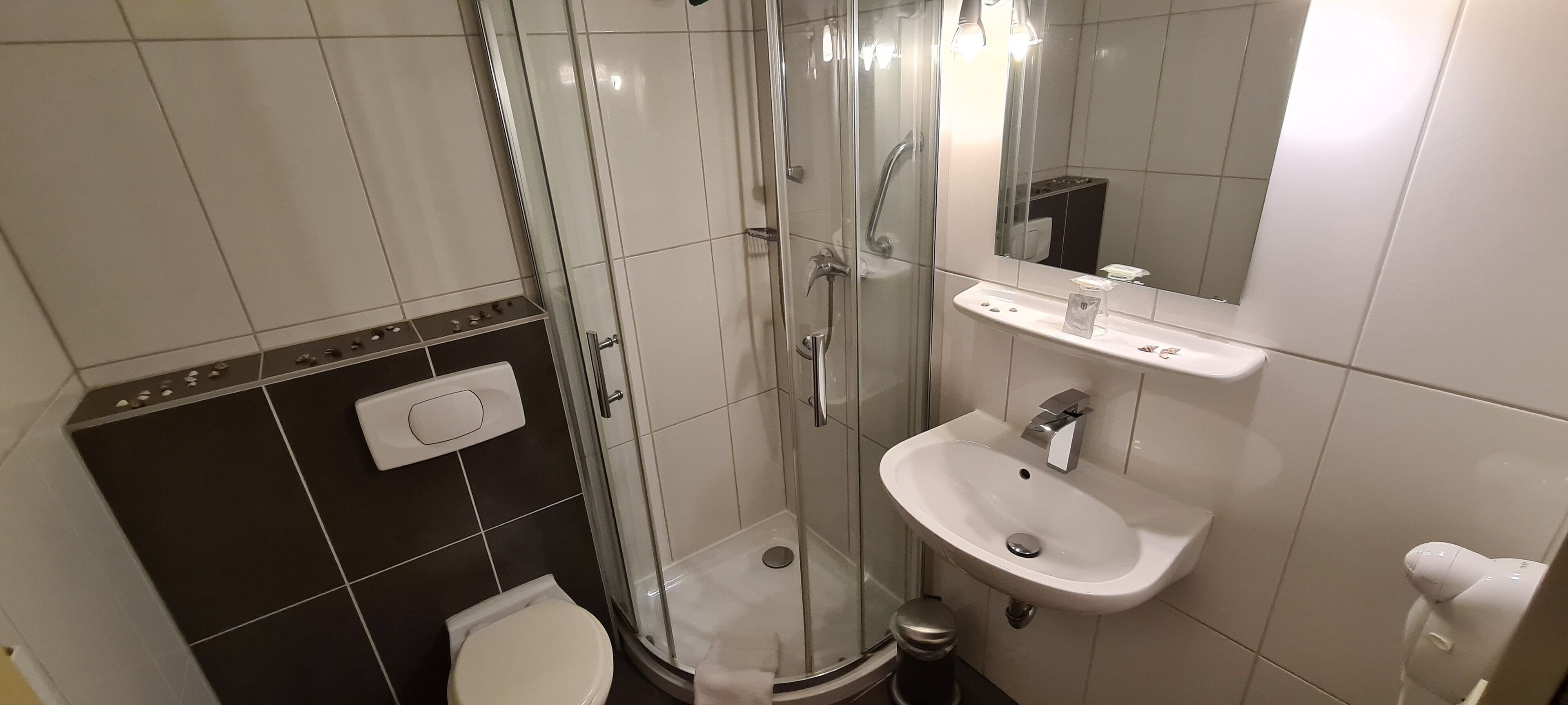 Une salle de bain comprenant des toilettes, un lavabo, une douche à parois de verre et un miroir.
