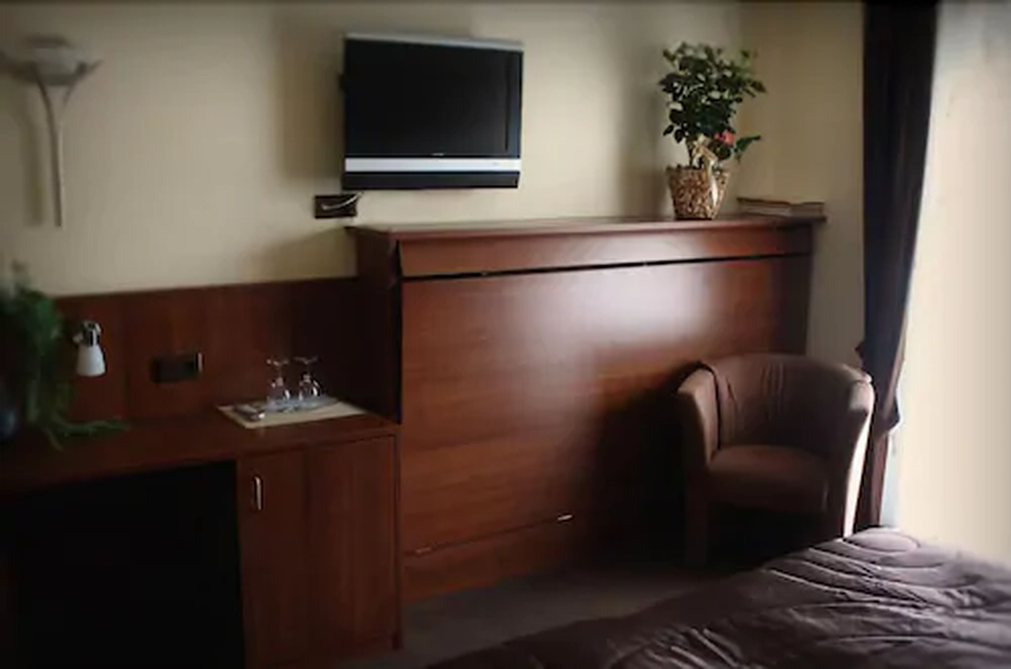 Une chambre d’hôtel avec un bureau en bois, une chaise, un téléviseur fixé au mur et une plante en pot.