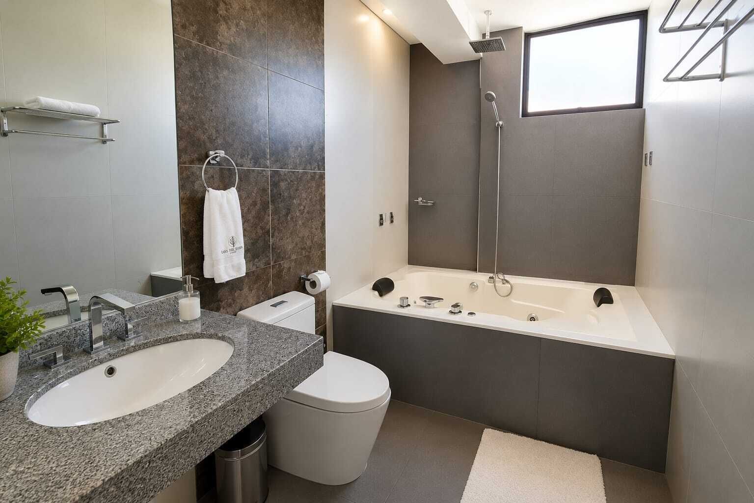 A modern bathroom with two sinks, a toilet, a bathtub, and a shower.