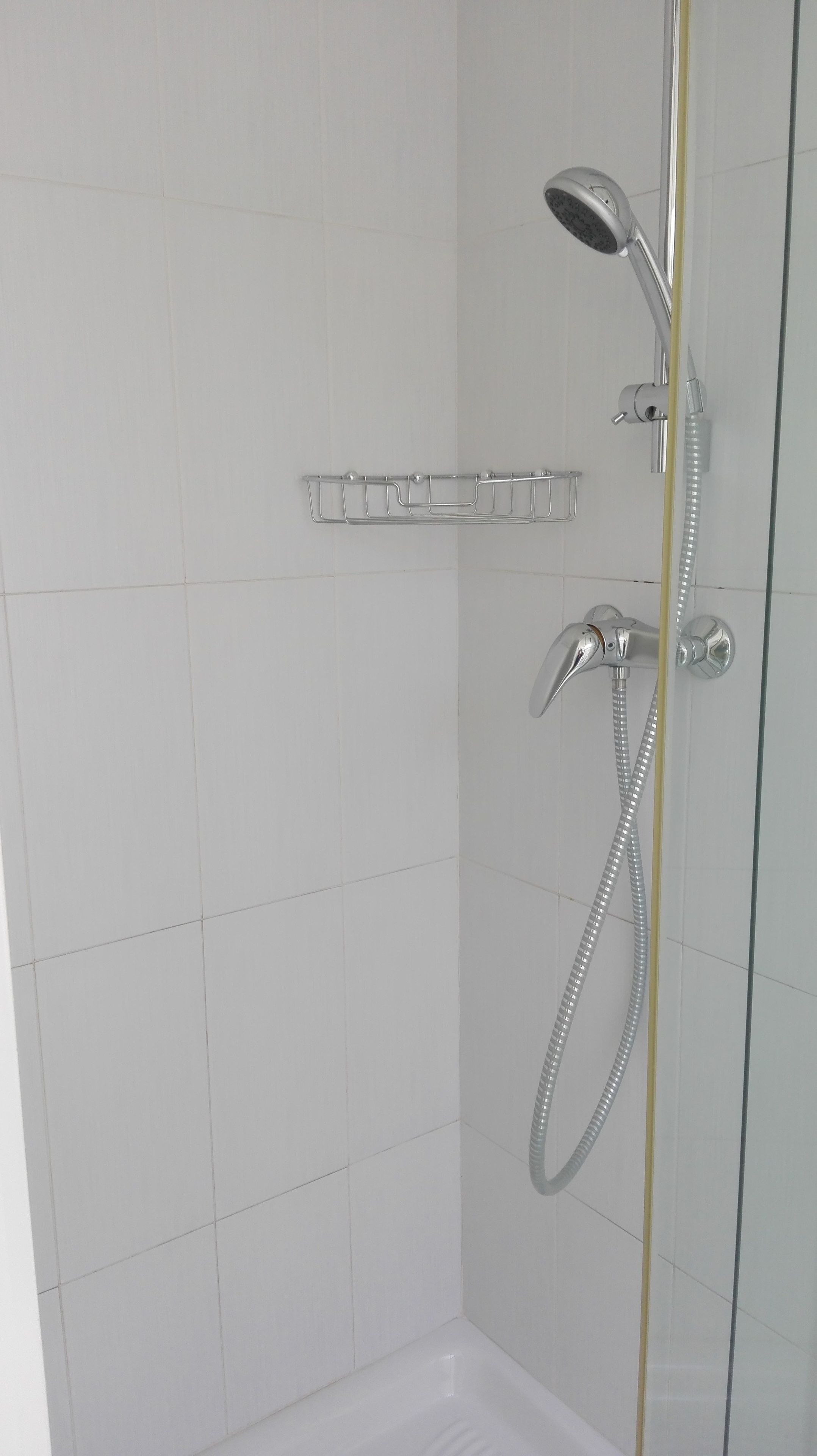 Une douche équipée d’un pommeau de douche à main et d’un robinet mural, d’une paroi de douche en verre transparent et d’un sol carrelé de couleur blanche.
