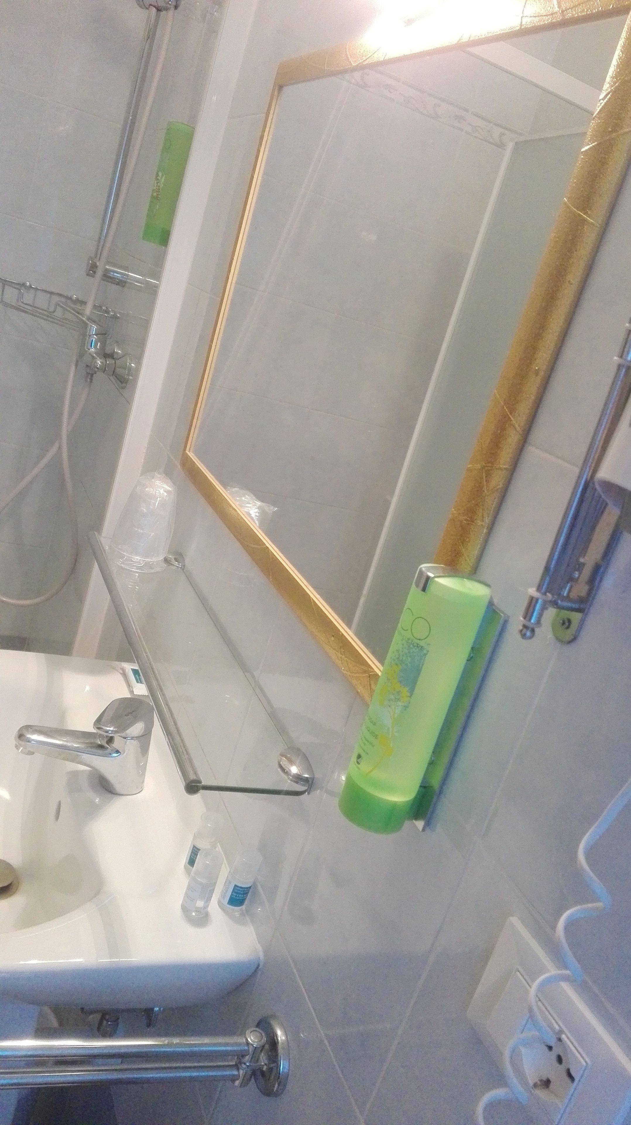 Une salle de bain avec un lavabo blanc, un miroir avec un cadre doré et un distributeur de savon vert.