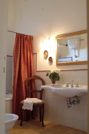 Separate bathtub and shower, free toiletries, hair dryer, bathrobes