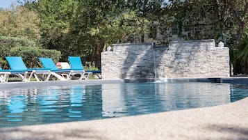 Seasonal outdoor pool, pool umbrellas, pool loungers