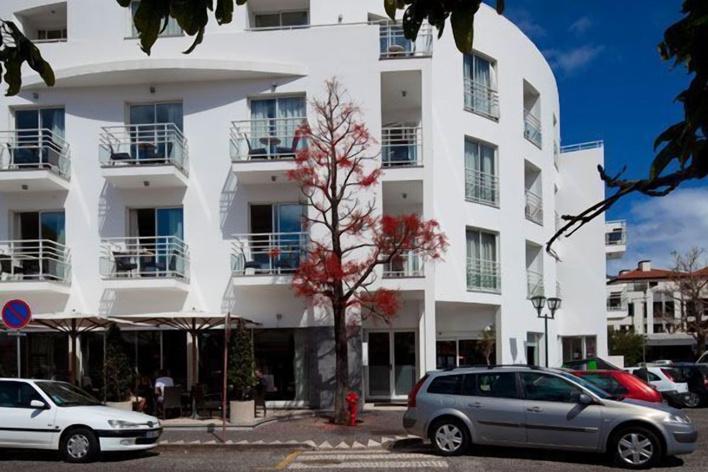 A white multi-story building with balconies, a tree with red foliage, and parked cars.