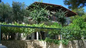 A stone-walled building with a metal roof and a staircase leading to a door. - Vis Apartments (Vis)