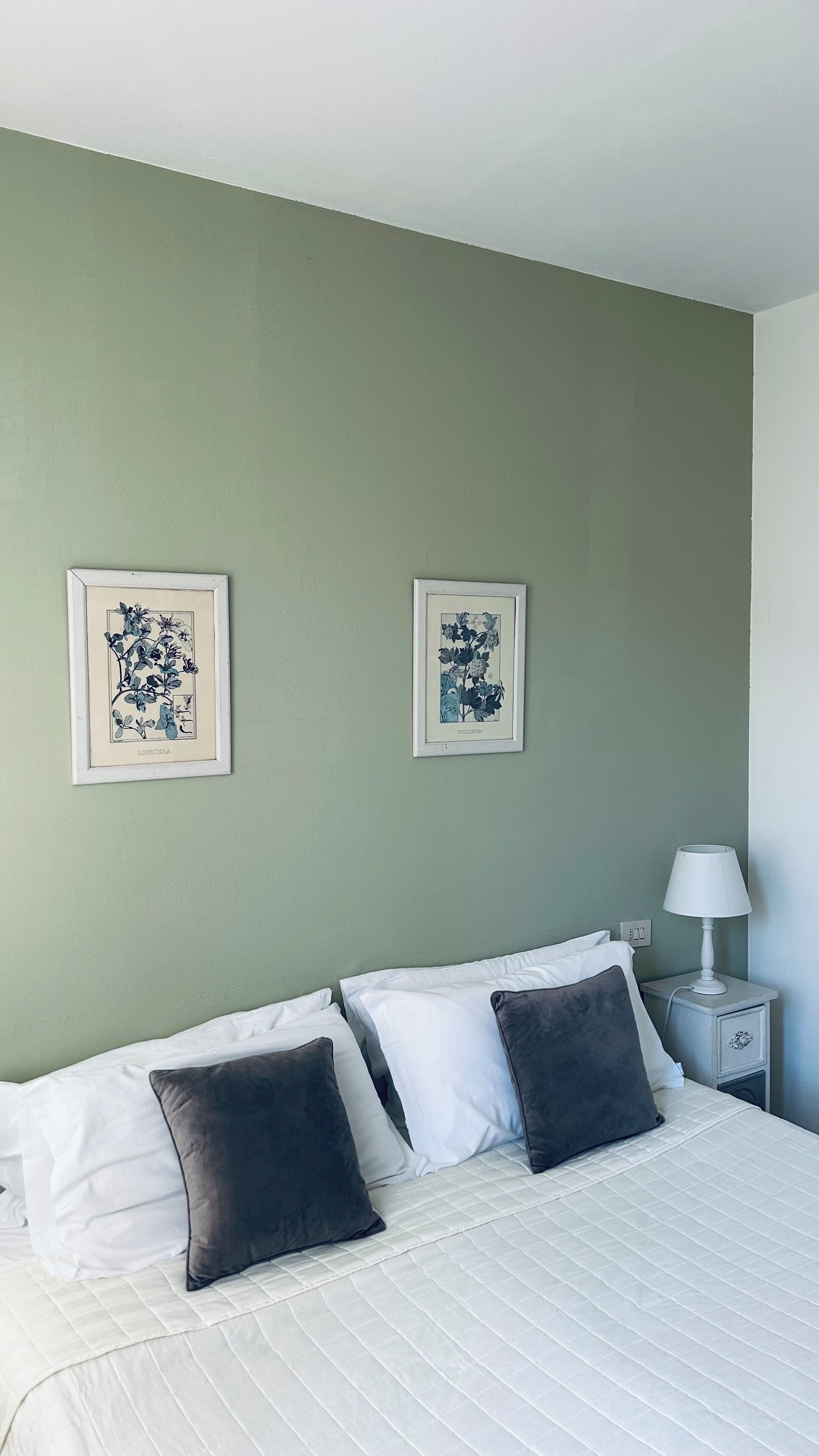 Une chambre à coucher avec un lit, des oreillers, une table de chevet, une lampe et deux reproductions botaniques encadrées accrochées au mur.