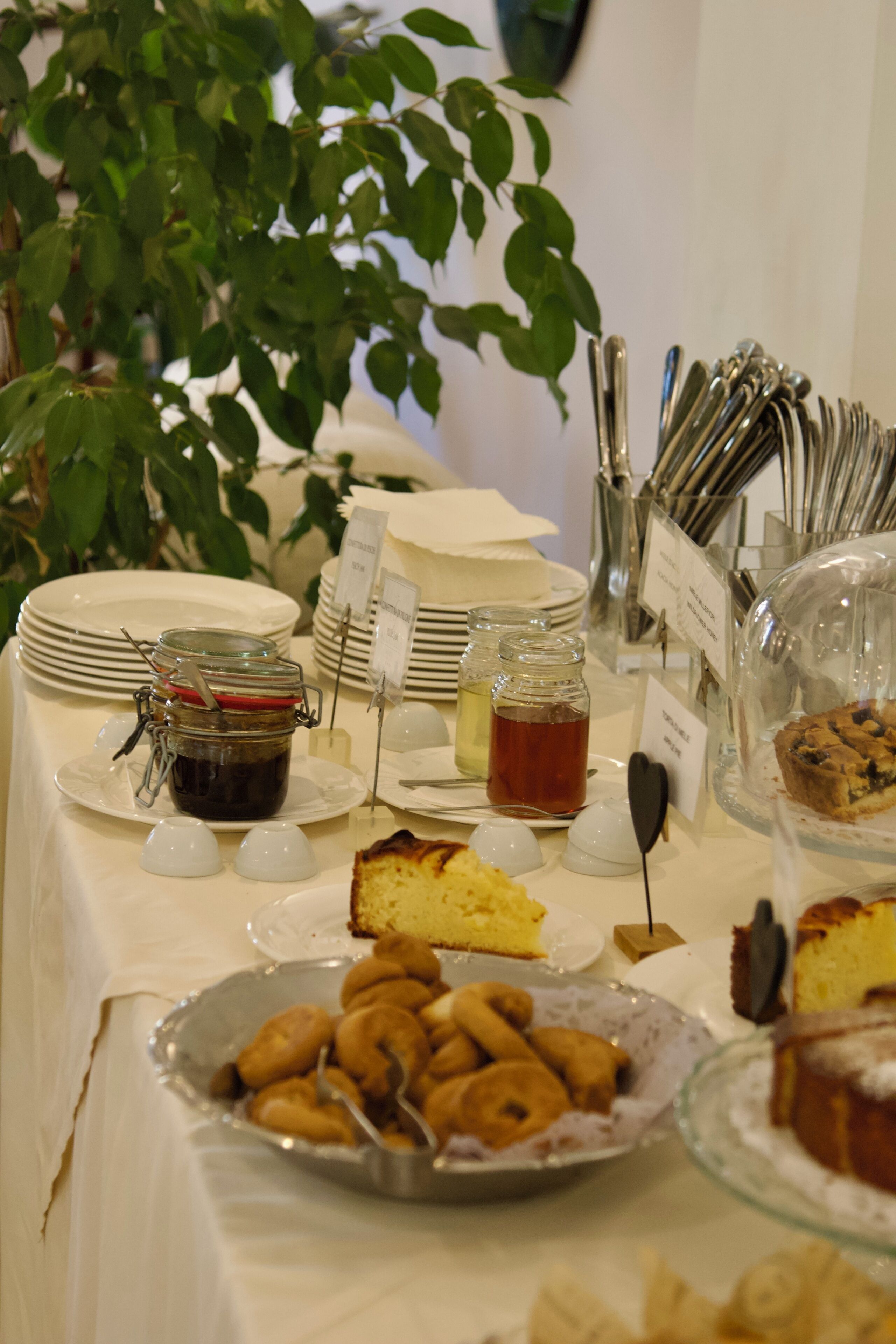 Una mesa de bufé con diversos alimentos, incluyendo pasteles y productos de pastelería, y una planta al fondo.