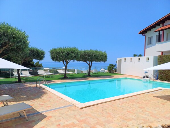 Seasonal outdoor pool, pool loungers