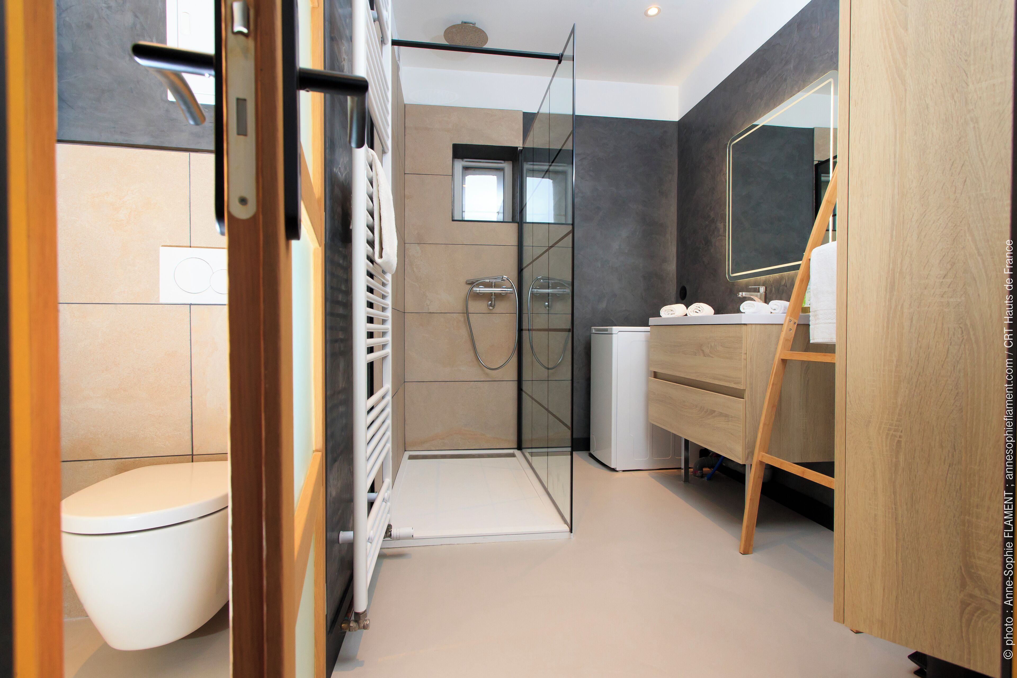 A modern bathroom with a glass shower enclosure, a toilet, and a vanity with a mirror.