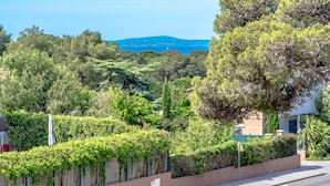 Zona residencial con vistas a una cadena montañosa distante, una carretera pavimentada y una cerca con vegetación.