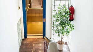 A staircase leading to an elevator with a blue frame, a potted plant, and a fire extinguisher on the wall. - Hotel DomBlick (Cologne)