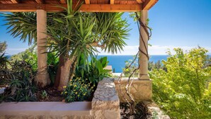 A covered outdoor area with a view of the sea, featuring a wooden pergola, palm trees, and various plants. - Villa Perka (Hvar)