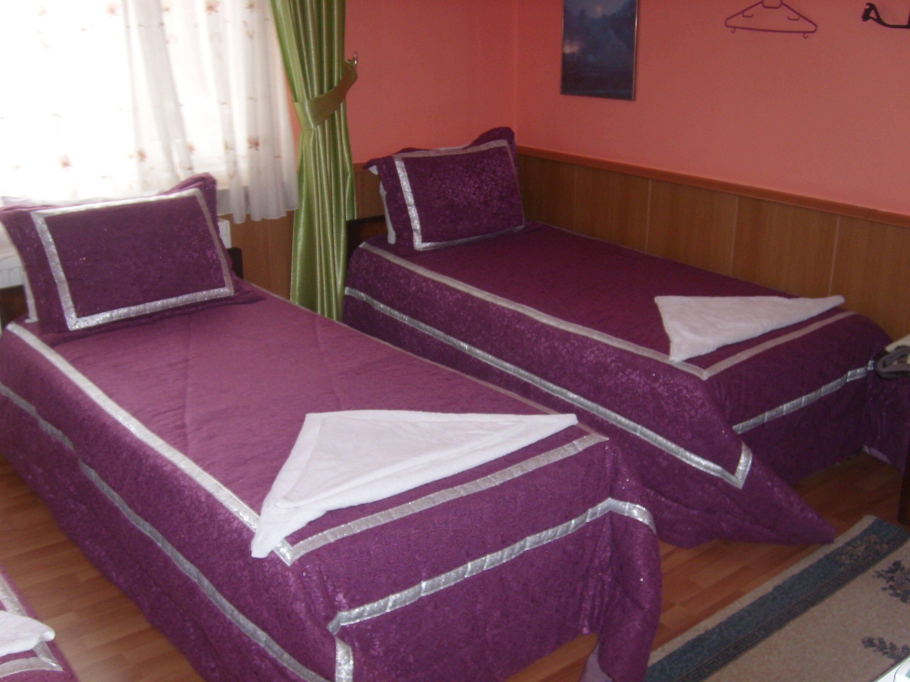 A room with two single beds, each with a purple bedspread and white pillows. There is a green curtain on the window, and a small rug on the floor.