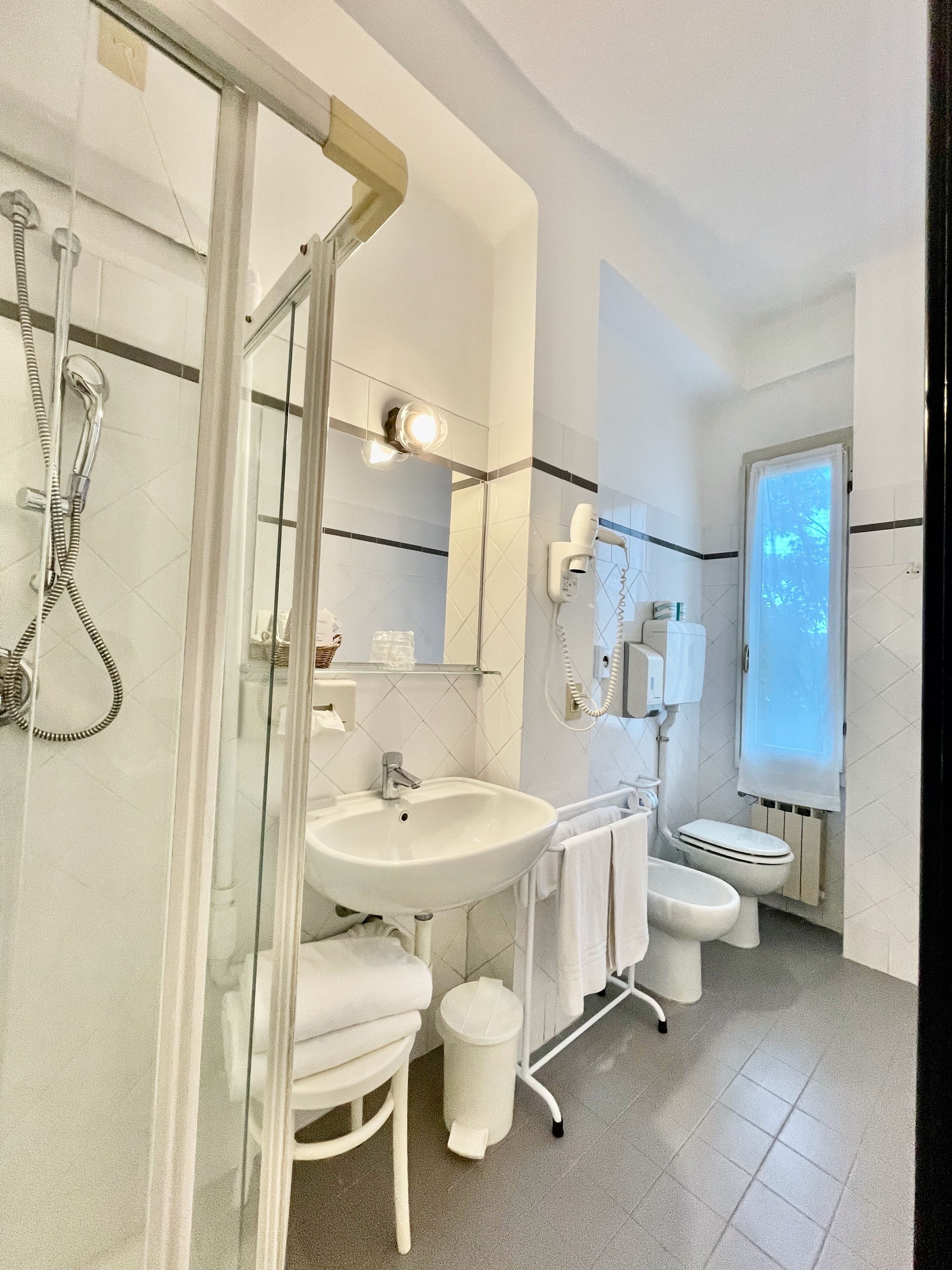 shower, hair dryer, bidet, towels