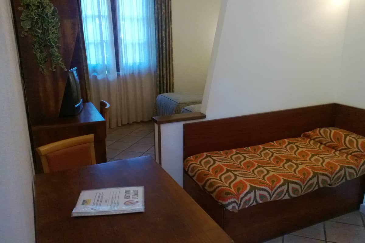 Ein kleiner, schlichter Raum mit einem Bett, einem Schreibtisch und einem Sessel. Es gibt ein Fenster mit Vorhängen, eine Pflanze und einen Fernseher.