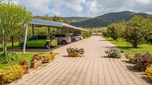 Ein gepflasterter Zugangsbereich mit parkenden Autos, Blumentöpfen und einem überdachten Parkplatz.