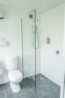 Un baño moderno con ducha de vidrio, inodoro blanco y un pequeño estante con artículos de aseo.