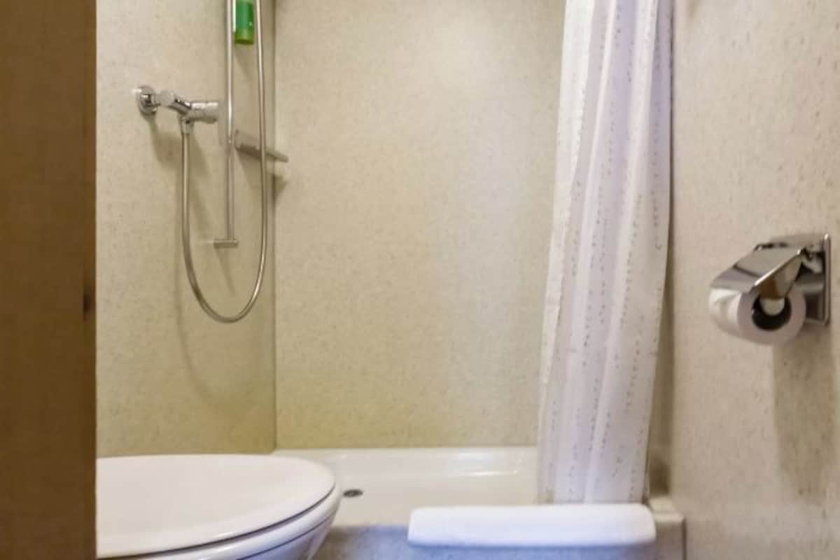 A bathroom with a toilet, a shower, and a toilet paper holder.