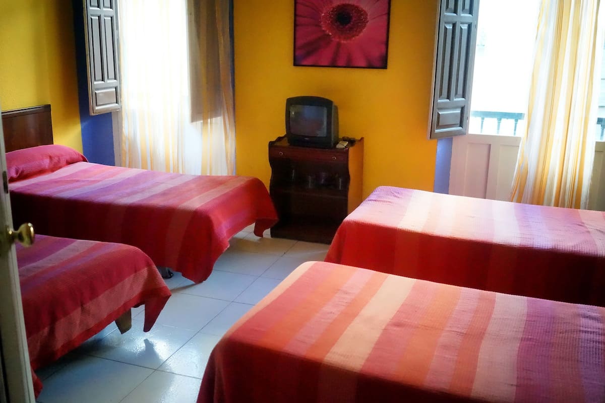 A room with two beds, a television on a small table, and a window with curtains.