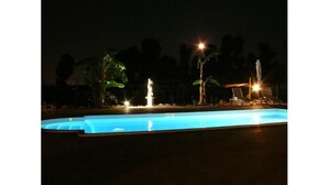 A swimming pool at night with lights and palm trees in the background. - Agriturismo Agave (Alghero)