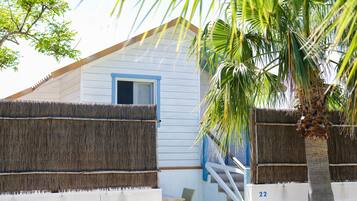 A house with a thatched fence, a palm tree, and a window with a blue frame.