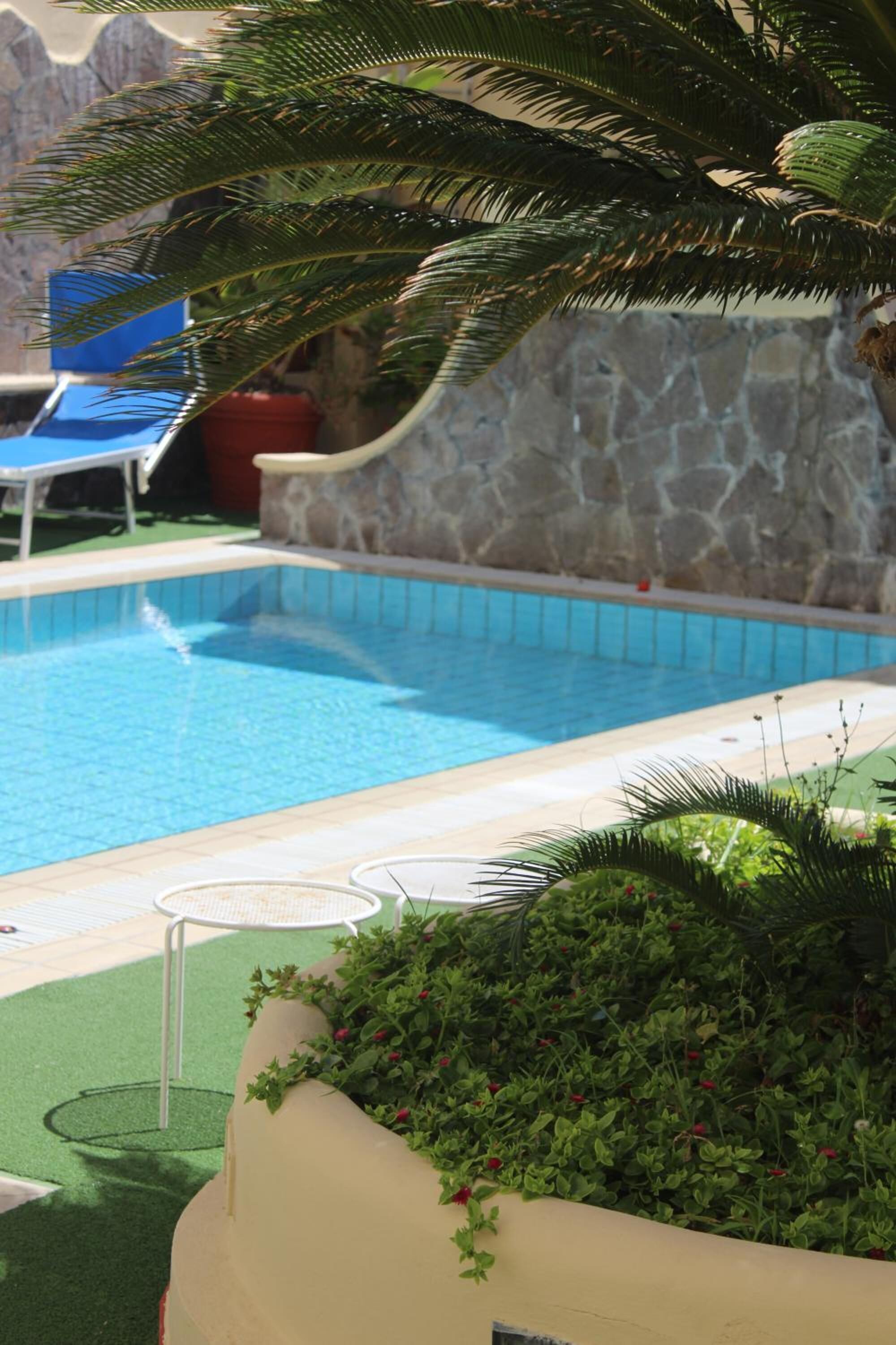 Ein Swimmingpool mit Steinmauer, einer Palme und einem Liegestuhl.