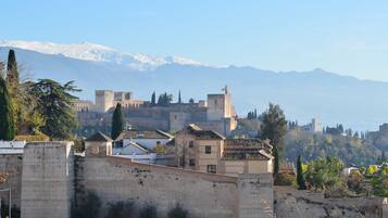Un paisaje urbano histórico con un castillo destacado y montañas nevadas al fondo.