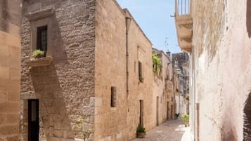 A narrow cobblestone street lined with historic stone buildings, some with balconies and potted plants.