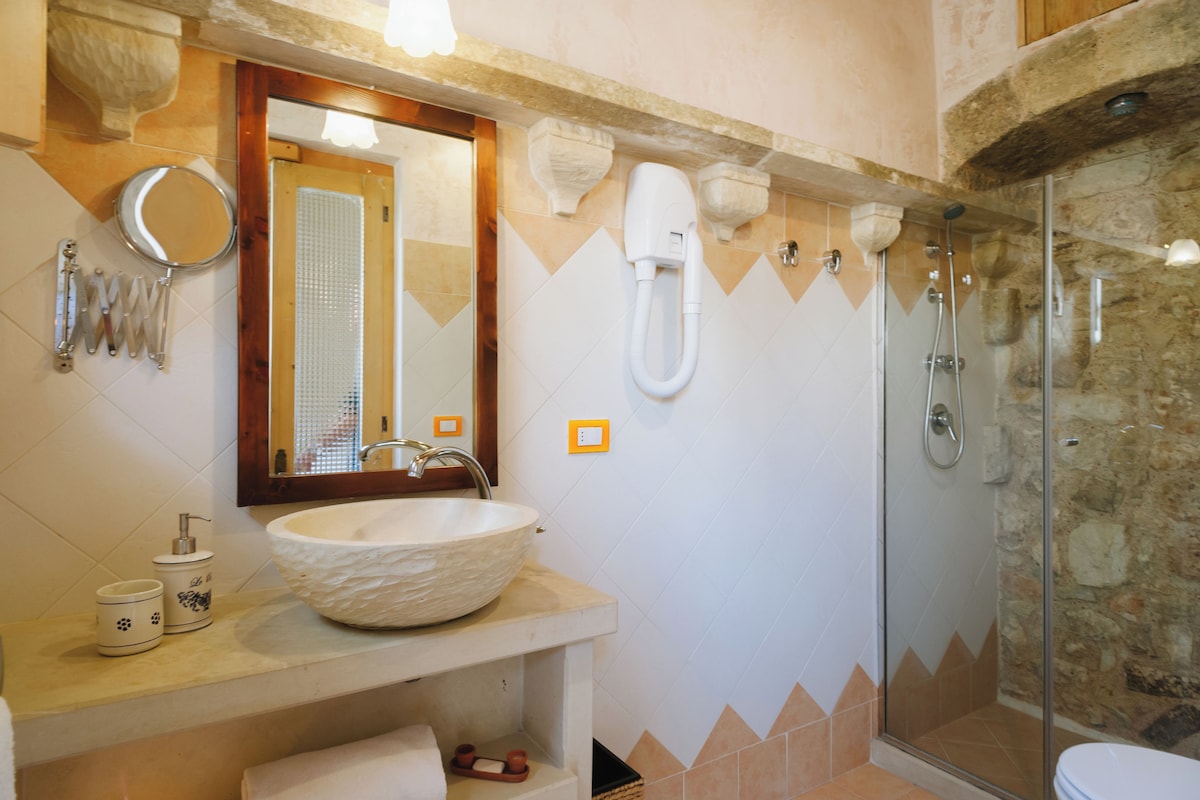 A bathroom with a large vessel sink, a mirror, a handheld showerhead, and a glass-enclosed shower.