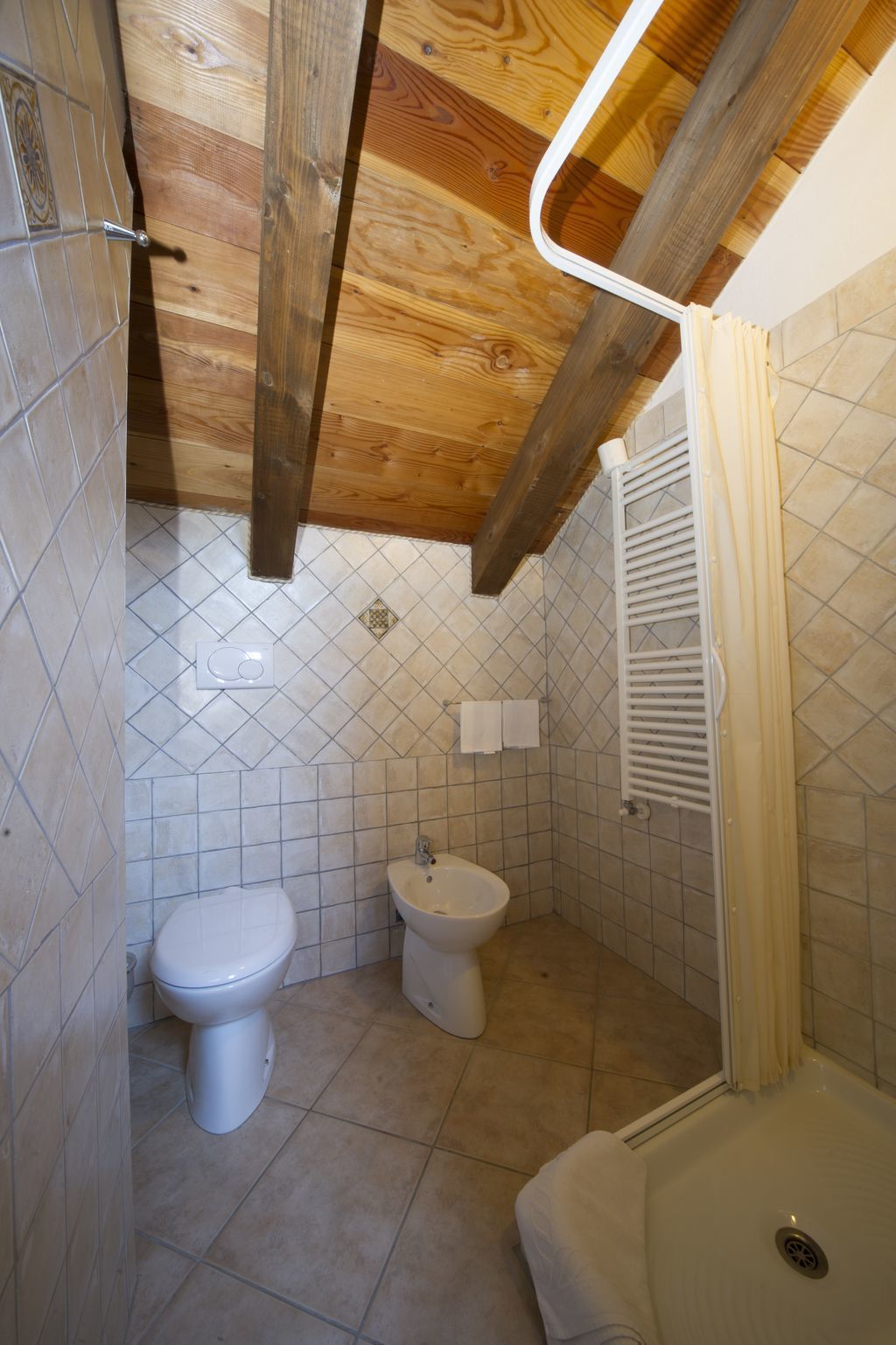 Un baño pequeño con techo de madera, inodoro, bidé y zona de ducha.