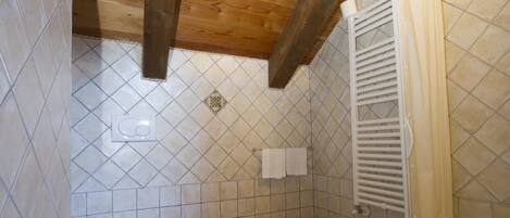 Un baño pequeño con techo de madera, inodoro, bidé y zona de ducha.