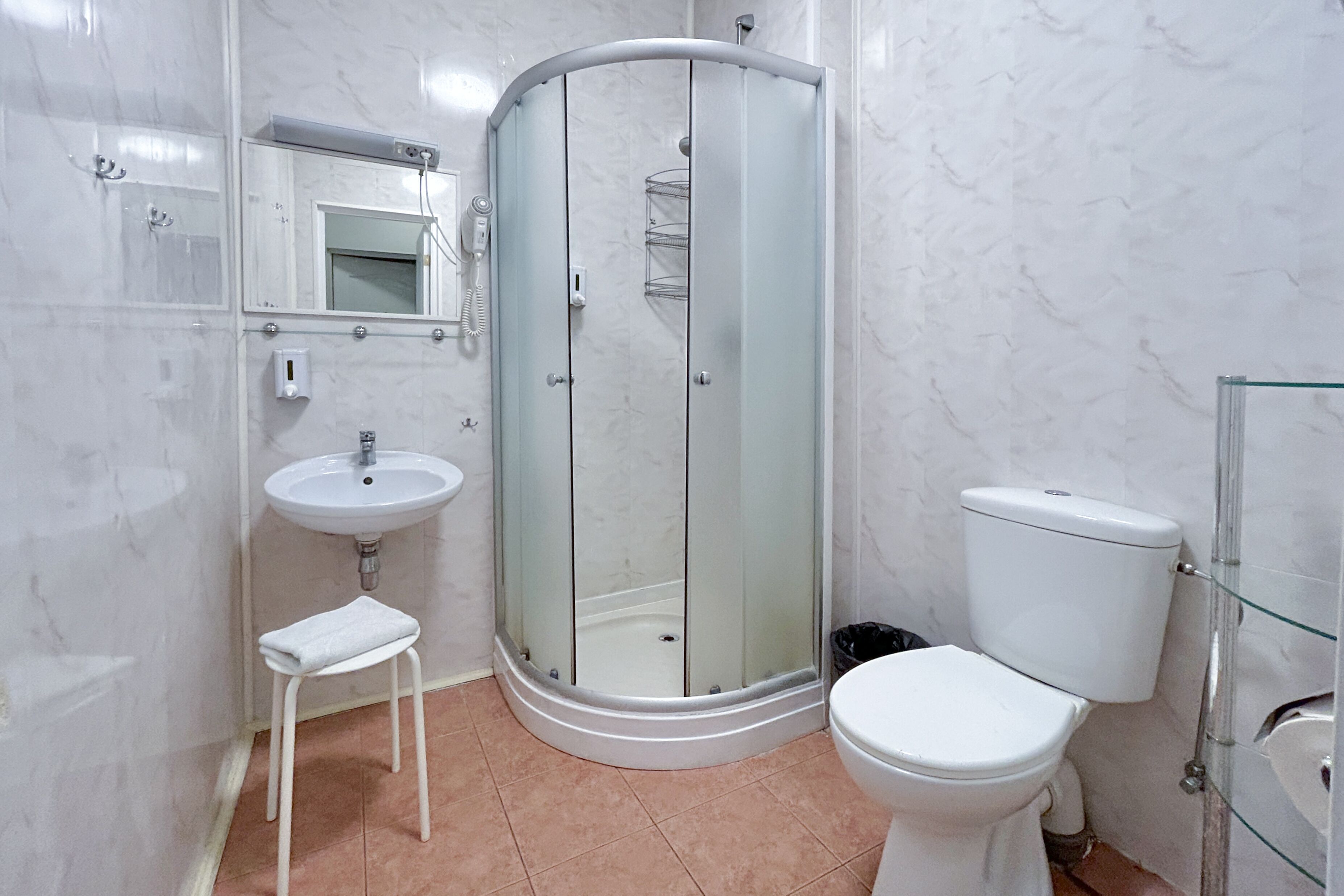 standard quadruple room | bathroom | shower, hair dryer, towels, soap