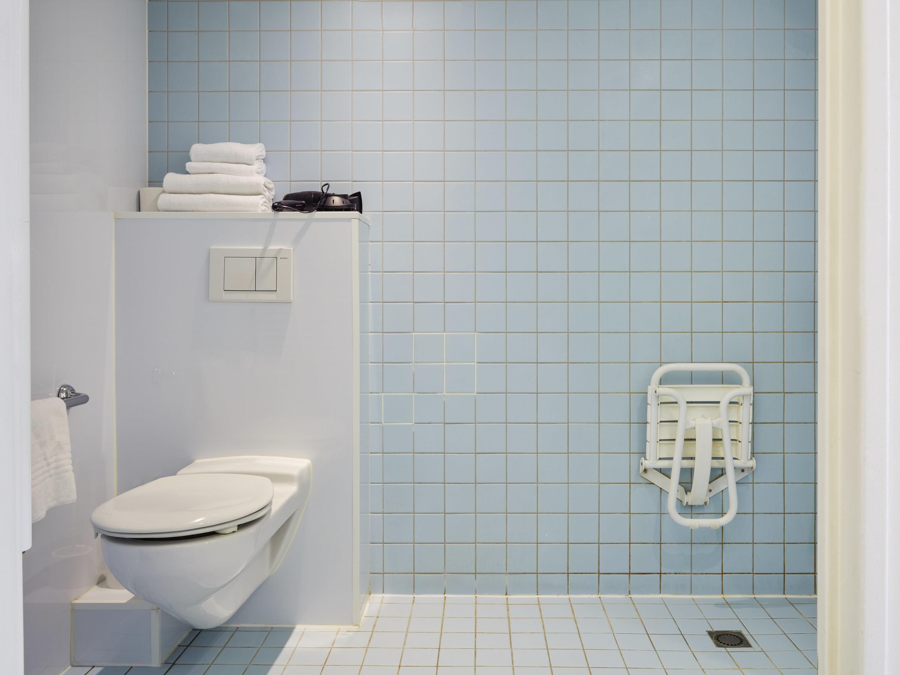 Ein Badezimmer mit Toilette, Handtuchhalter und Handlauf.