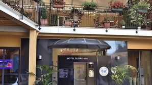 The entrance to Hotel Globo Suite with a modern design, featuring a glass door, a black awning, and potted plants. - Hotel Globo Suite (Sanremo)