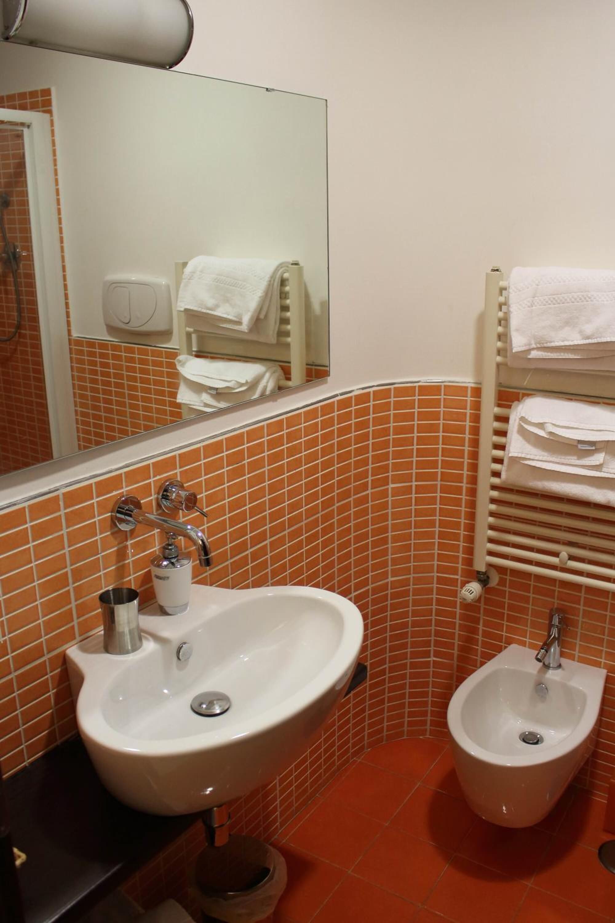 A bathroom with a sink, bidet, and towel rack.