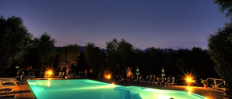 Seasonal outdoor pool, pool umbrellas, pool loungers