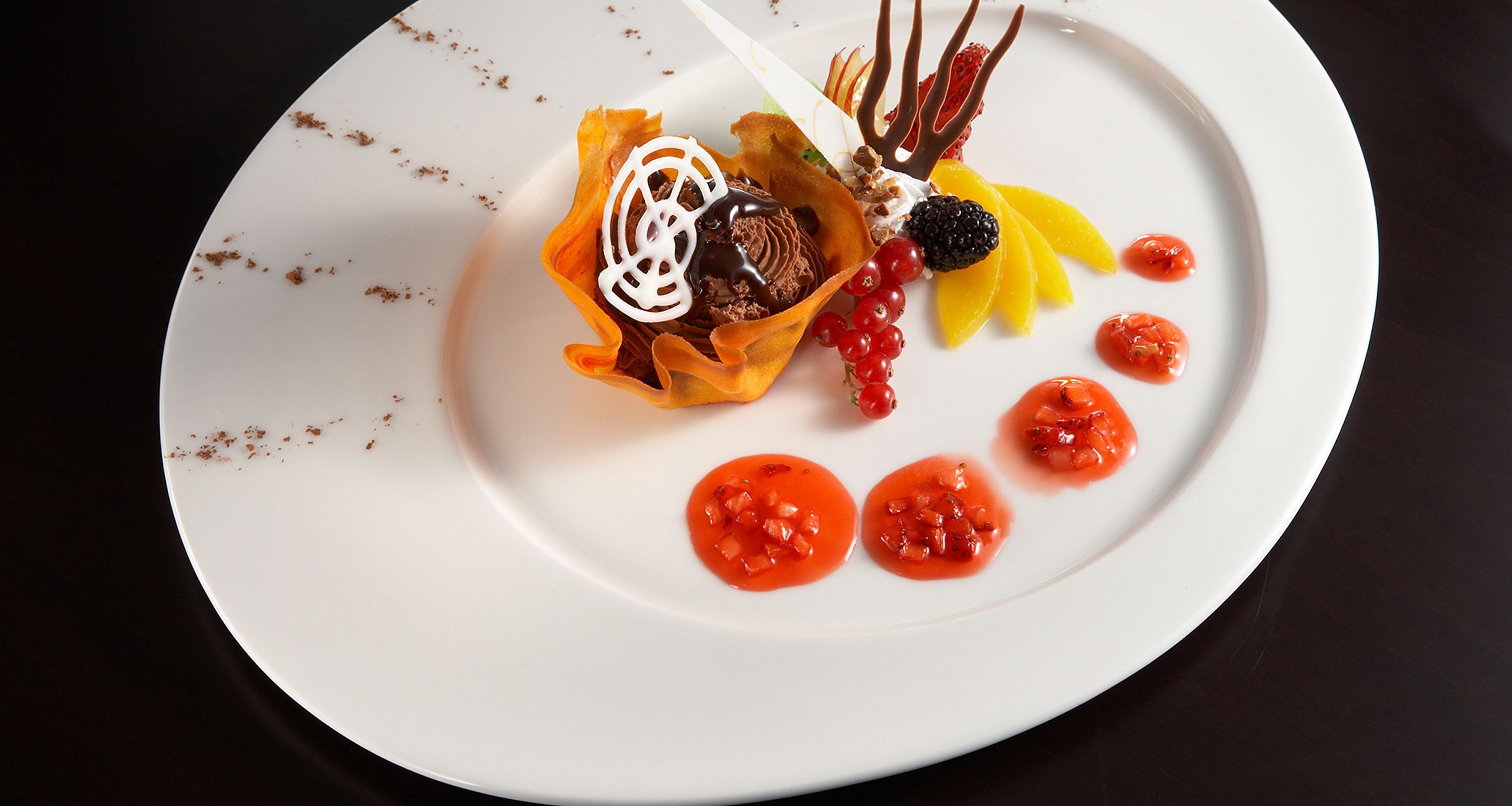 A dessert on a white plate with chocolate, berries, and a white decorative element.